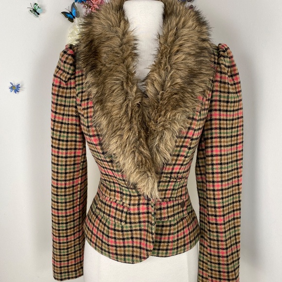 DEPT Plaid Wool Blazer Jacket With Faux Fur Collar Size Small - Picture 6 of 10